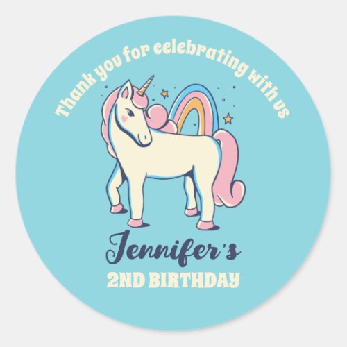 Cute Unicorn Rainbow Girls Birthday Party Favor Classic Round Sticker