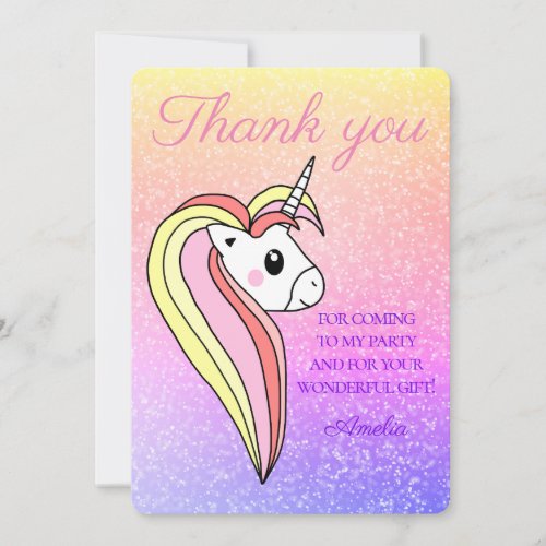 Cute Unicorn Rainbow Girly Kids Birthday Thank You Card