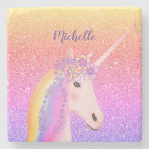 Cute Unicorn Rainbow Glitter Fantasy Personalized Stone Coaster