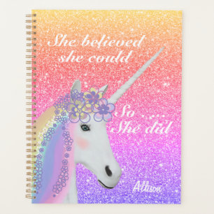 Cute Unicorn Rainbow Glitter Girls Personalized Planner