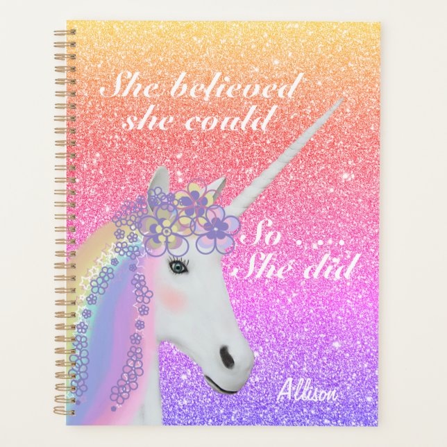 Cute Unicorn Rainbow Glitter Girls Personalized Planner (Front)