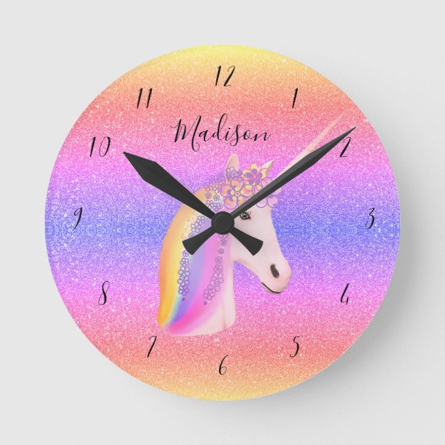 Cute Unicorn Rainbow Glitter Girls Personalized Round Clock (Front)