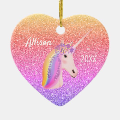 Cute Unicorn Rainbow Glitter Heart Personalized Ceramic Ornament