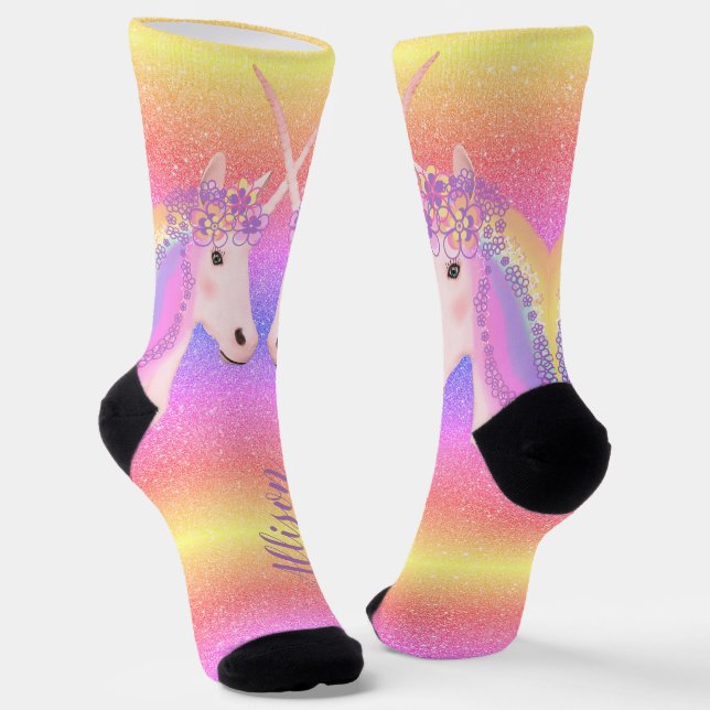 Cute Unicorn Rainbow Glitter Personalized Socks (Angled)