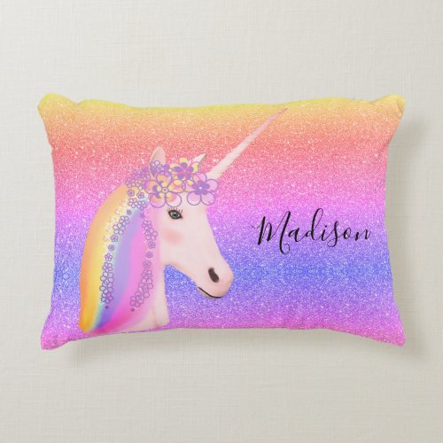 Cute Unicorn Rainbow Glitter Sparkle Personalized Accent Pillow