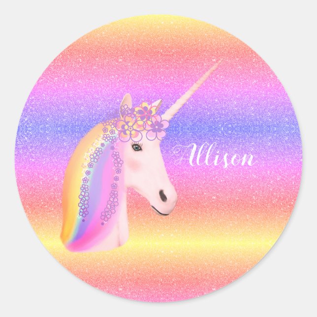 Cute Unicorn Rainbow Glitter Sparkles Personalized Classic Round Sticker (Front)