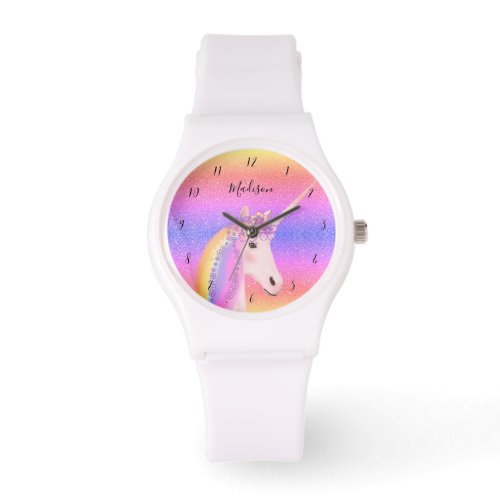 Cute Unicorn Rainbow Glitter Trendy Monogram Watch