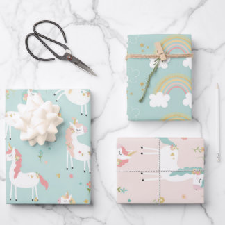 Cute Unicorn Rainbow Gold Glitter Pastel Pink Blue Wrapping Paper Sheets
