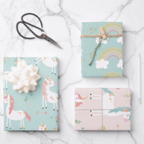 Cute Unicorn Rainbow Gold Glitter Pastel Pink Blue Wrapping Paper Sheets