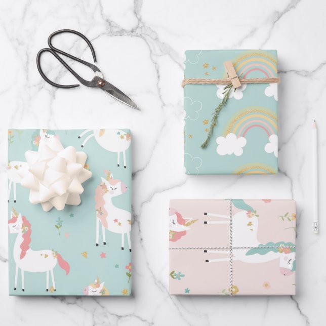 Cute Unicorn Rainbow Gold Glitter Pastel Pink Blue Wrapping Paper Sheets (Front)