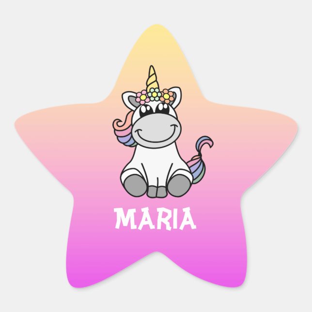 Cute Unicorn Rainbow Gradient Personalized Name Star Sticker (Front)