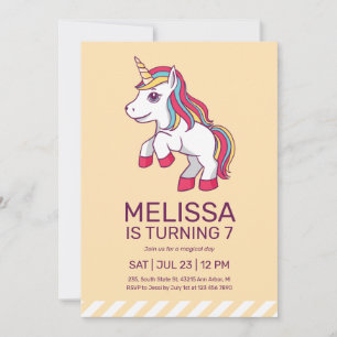 Cute Unicorn Rainbow Hair Yellow Kids Birthday Invitation