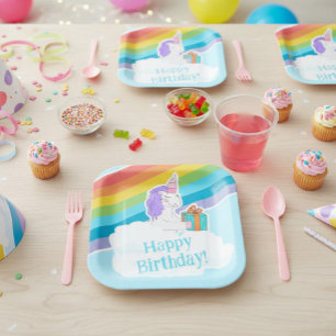 Cute Unicorn Rainbow Happy Birthday Paper Plate