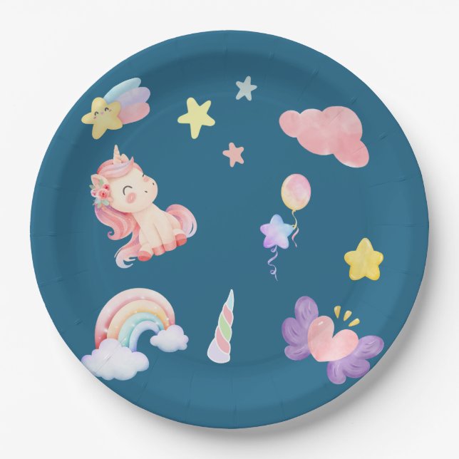 Cute Unicorn Rainbow heart balloon star pattern Paper Plates (Front)