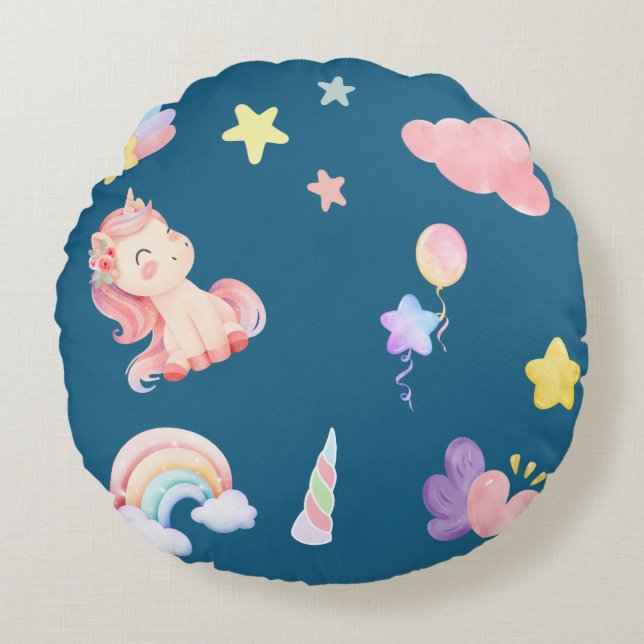Cute Unicorn Rainbow heart balloon star pattern Round Pillow (Front)