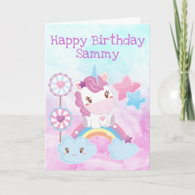 Cute Unicorn, Rainbow & Lollipops Birthday Card (Front)