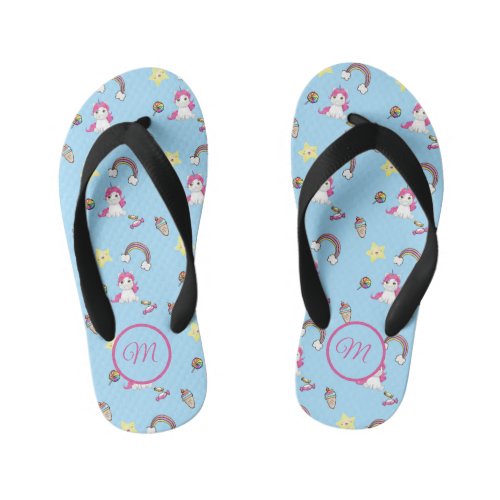 Cute Unicorn Rainbow Monogram Kids Flip Flops