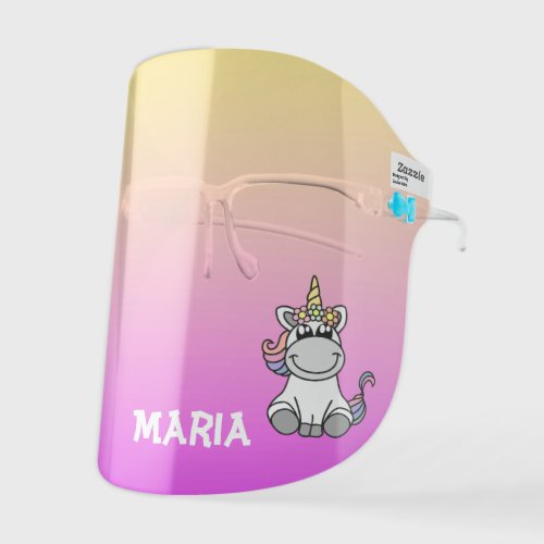 Cute Unicorn Rainbow Ombre Color Personalized Name Kids Face Shield