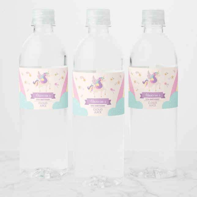 Cute Unicorn Rainbow Pastel Birthday Water Bottle Label (Bottles)