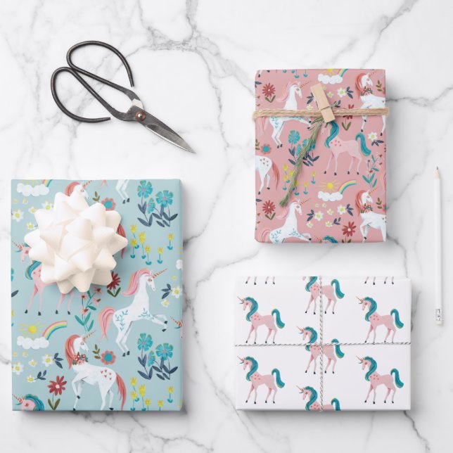 Cute Unicorn Rainbow Pattern Kids Wrapping Paper (Front)