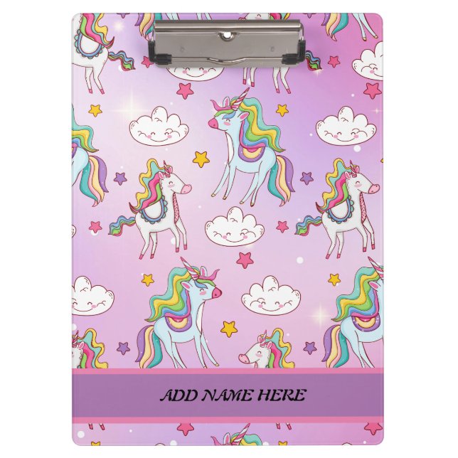 Cute Unicorn Rainbow Pattern Purple Name  Clipboard (Front)