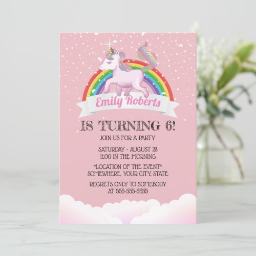 Cute Unicorn  Rainbow Pink Birthday Party Invitation