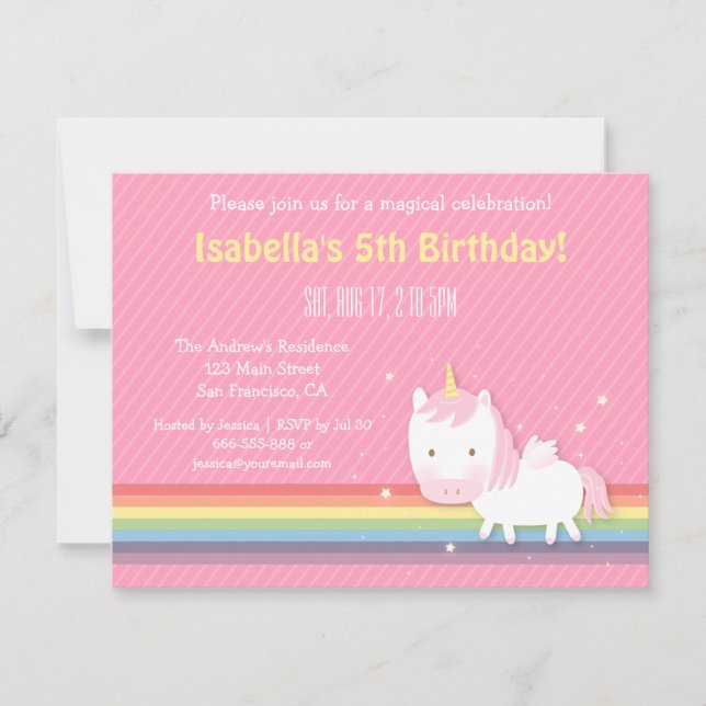 Cute Unicorn Rainbow Pink Girls Birthday Party Invitation (Front)