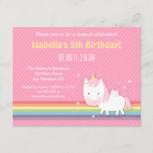 Cute Unicorn Rainbow Pink Girls Birthday Party Invitation