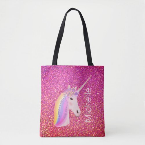 Cute Unicorn Rainbow Pink Glitter Girls Fantasy Tote Bag