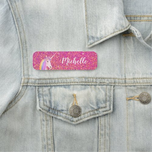 Cute Unicorn Rainbow Pink Glitter Personalized  Name Tag