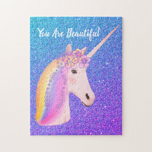 Cute Unicorn Rainbow Purple Blue Ombre Glitter Jigsaw Puzzle (Vertical)