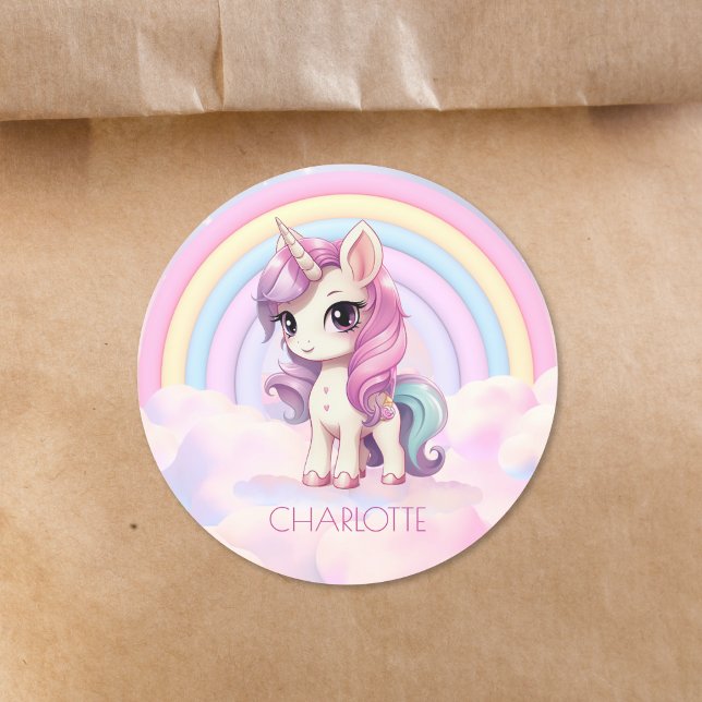 Cute Unicorn Rainbow School Personalized Name Classic Round Sticker (Creator Uploaded)