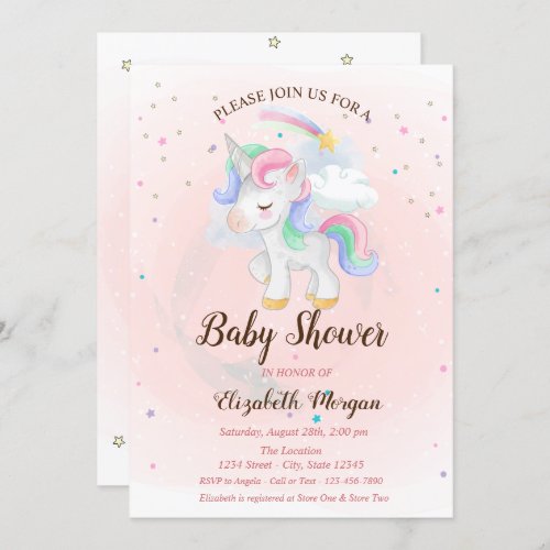 Cute UnicornRainbow Stars Baby Shower Invitation