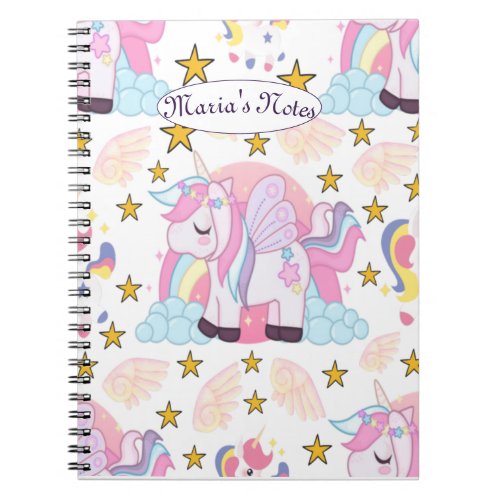 Cute Unicorn Rainbow Stars Custom Name Notebook