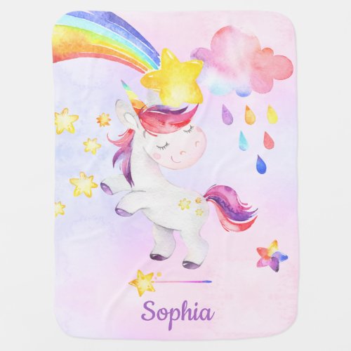 Cute Unicorn Rainbow Watercolor Girl Personalized Baby Blanket
