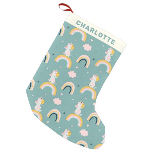 Cute Unicorn Rainbows Teal Green Personalized Name Small Christmas Stocking