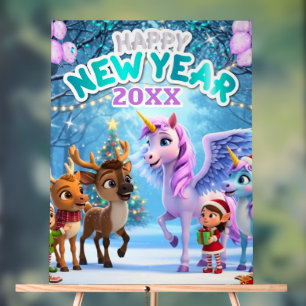 Cute Unicorn & Reindeer New Year Party for Kids Acrylic Sign
