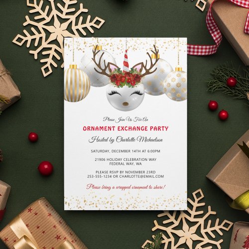 Cute Unicorn Reindeer Ornament Exchange Party Invitation