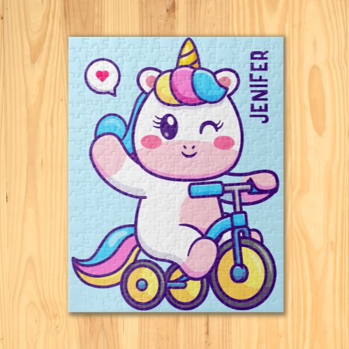 Cute Unicorn Riding Bicycle Monogrammed Jigsaw Puzzle