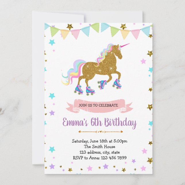 Cute unicorn roller skate theme invitation (Front)