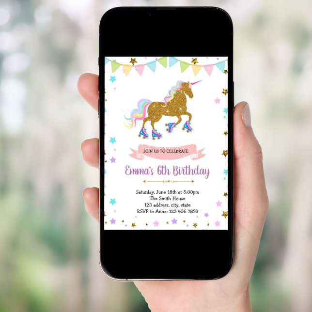 Cute unicorn roller skate theme invitation (Front Digital)