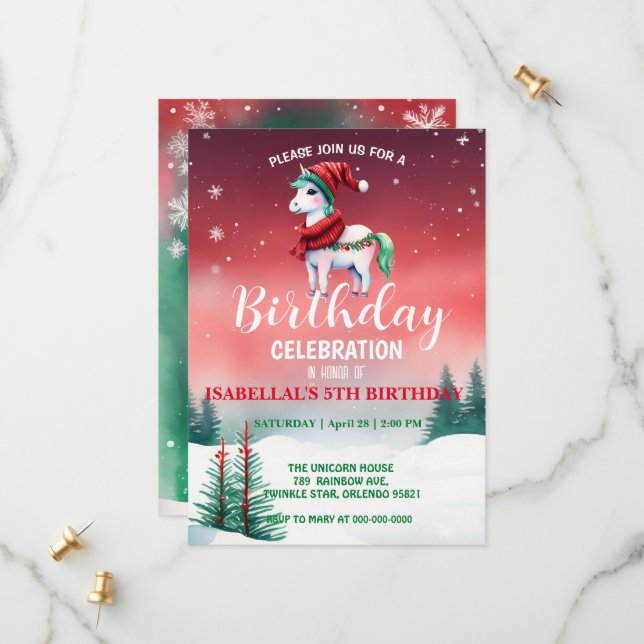 Cute unicorn Santa Christmas birthday winter party Save The Date (Front/Back In Situ)