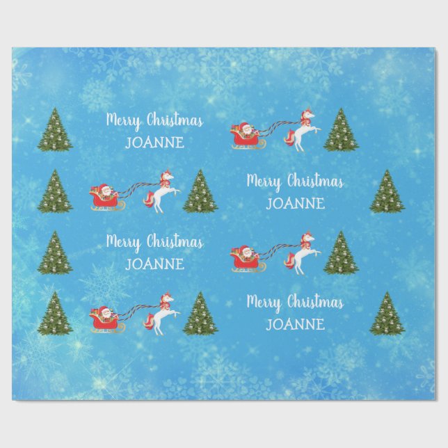 Cute Unicorn Santa Personalized Name Christmas Wrapping Paper (Flat)