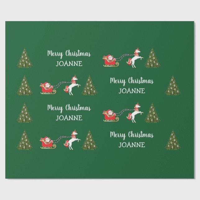 Cute Unicorn Santa Personalized Name Christmas Wrapping Paper (Flat)