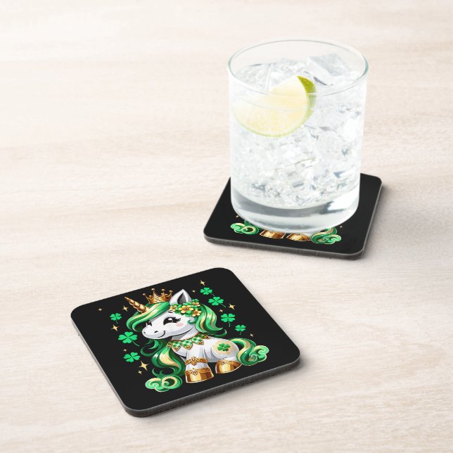 Cute Unicorn Shamrock St Patricks Day Beverage Coaster (Right Side)