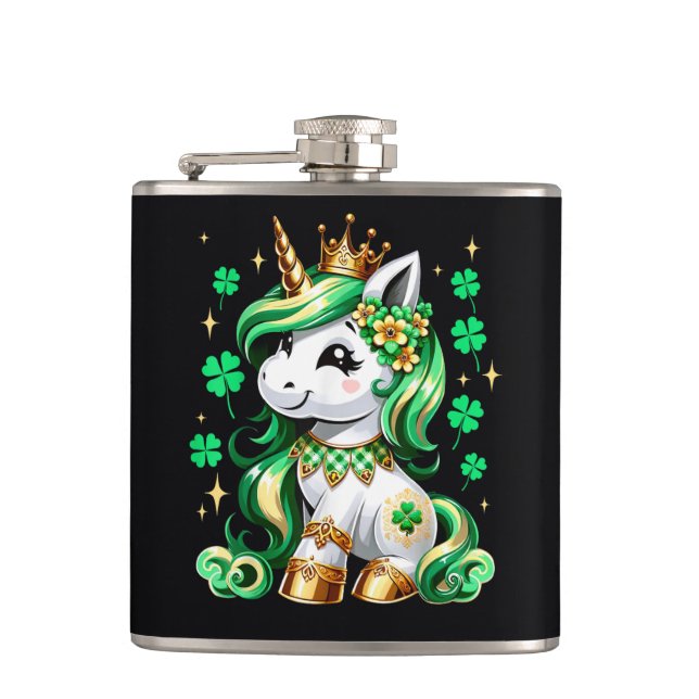 Cute Unicorn Shamrock St Patricks Day Flask (Front)