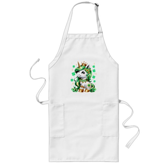 Cute Unicorn Shamrock St Patricks Day Long Apron (Front)