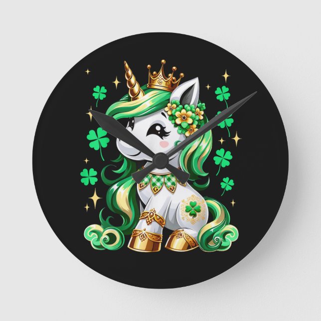 Cute Unicorn Shamrock St Patricks Day  Round Clock (Front)