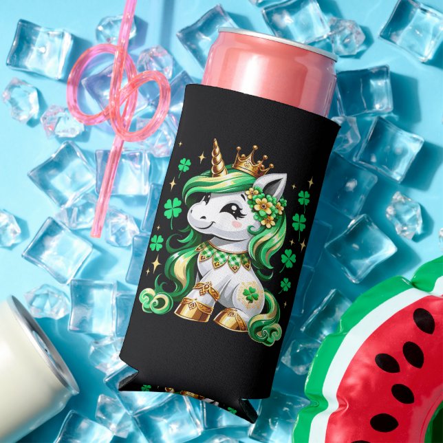 Cute Unicorn Shamrock St Patricks Day Seltzer Can Cooler (In Situ Summer)