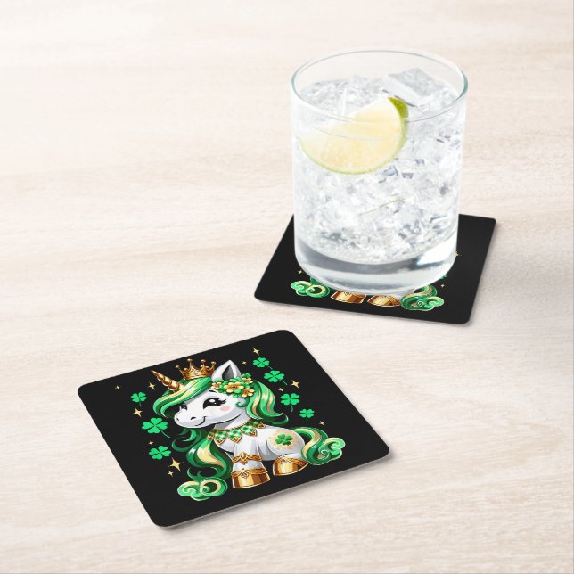 Cute Unicorn Shamrock St Patricks Day Square Paper Coaster (Insitu)